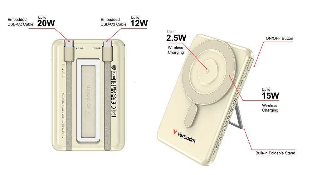 Външна батерия Verbatim Charge ‘n’ Go 2C Power Bank Magnetic Wireless 5000mAh с 2 USB‑C кабела и стойка Gold