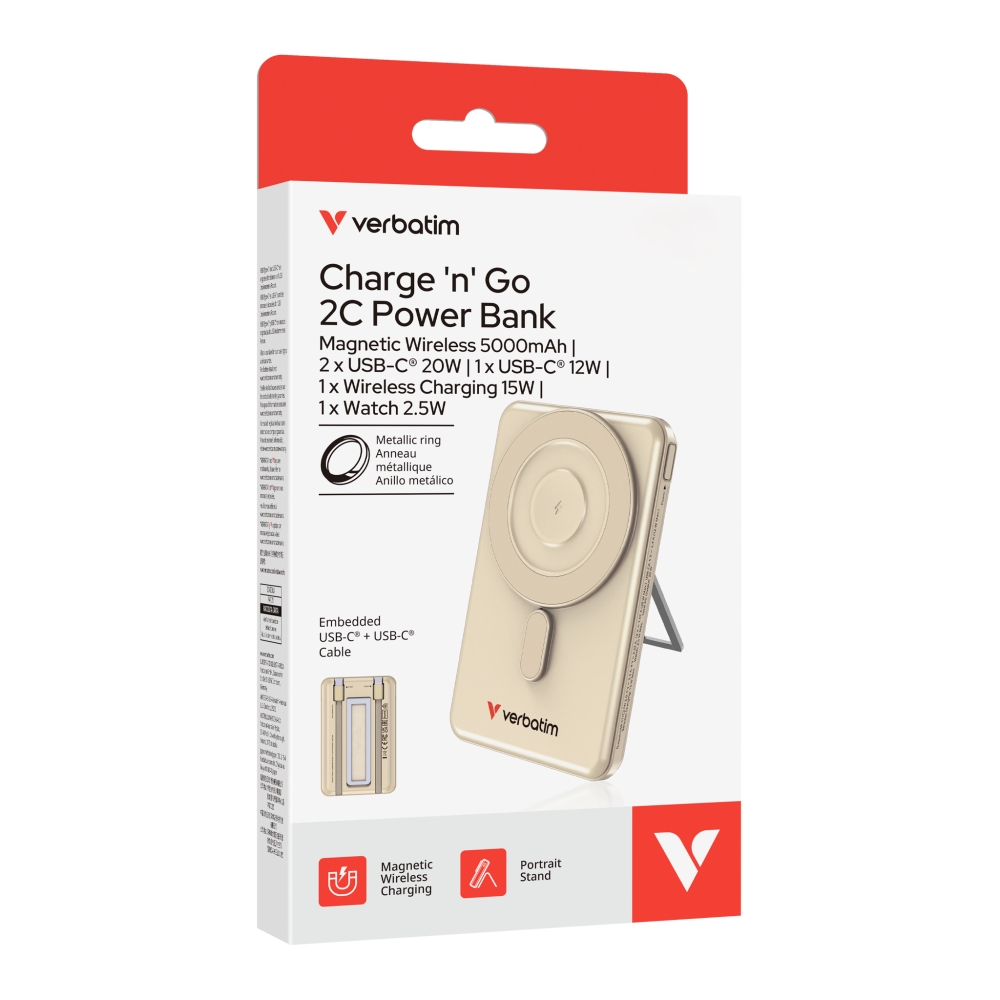 Външна батерия Verbatim Charge ‘n’ Go 2C Power Bank Magnetic Wireless 5000mAh с 2 USB‑C кабела и стойка Gold