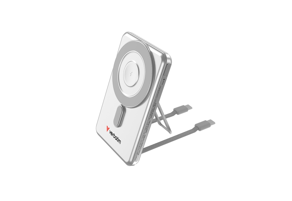 Verbatim Charge ‘n’ Go 2C Magnetic Wireless Power Bank 5000mAh with 2 USB‑C Cables & Stand Silver