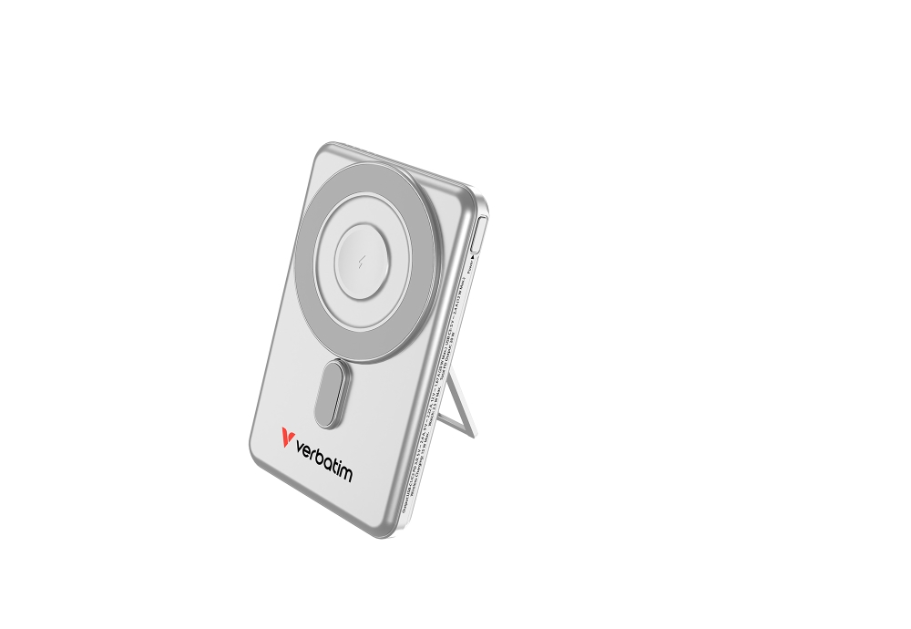 Verbatim Charge ‘n’ Go 2C Magnetic Wireless Power Bank 5000mAh with 2 USB‑C Cables & Stand Silver