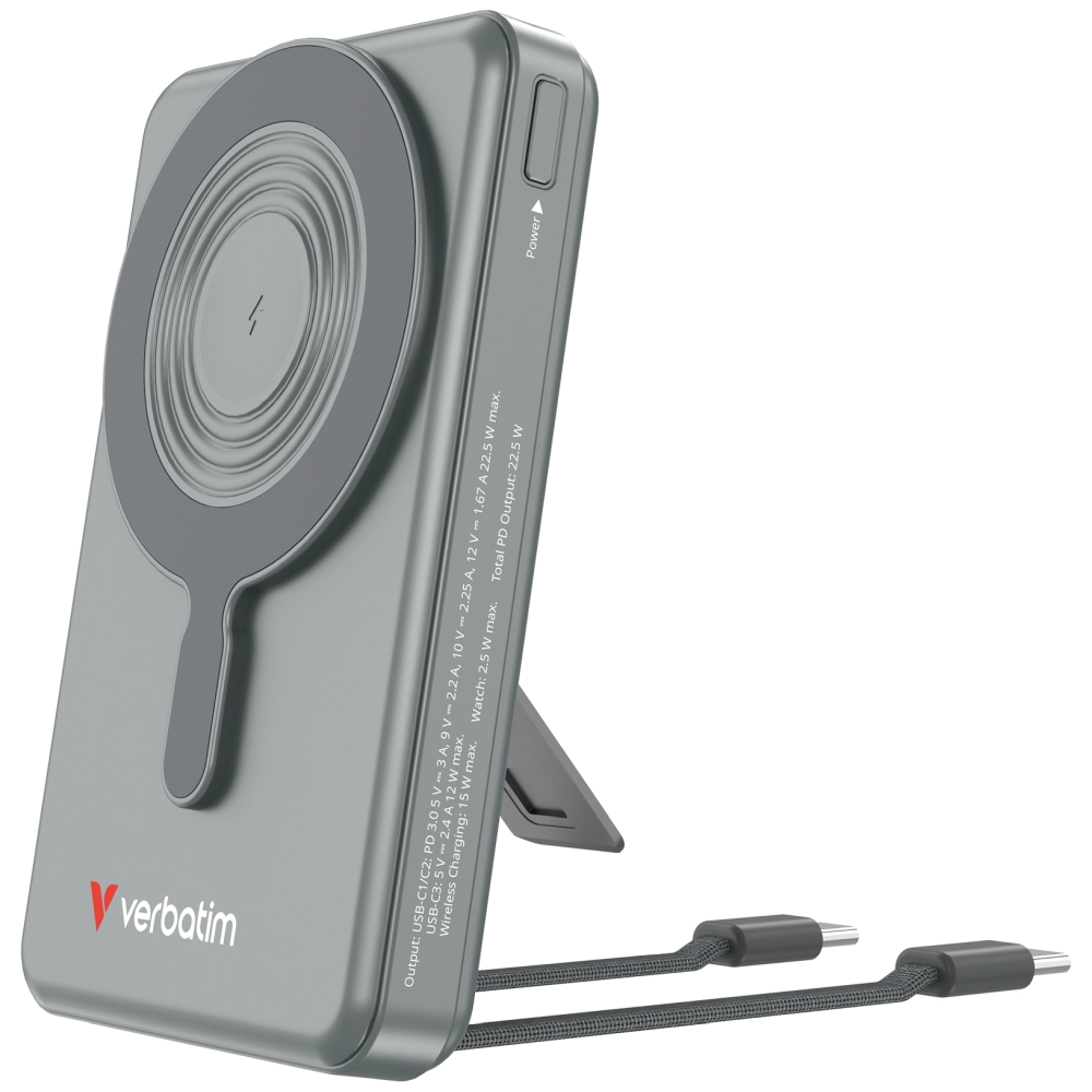 Външна батерия Verbatim Magnetic Wireless, 10 000 mAh, USB‑C x2, дисплей, сива