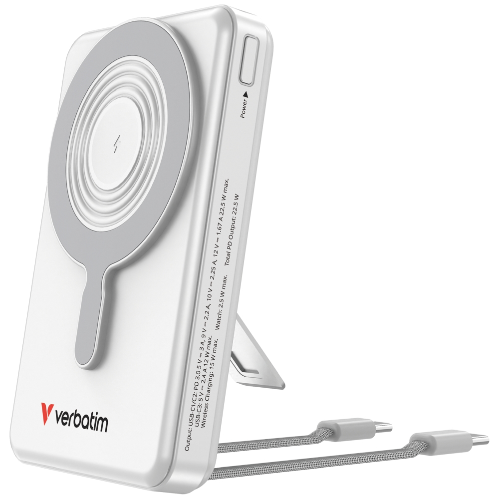 Външна батерия Verbatim Power Bank Magnetic Wireless 10 000mAh C+C Display Silver